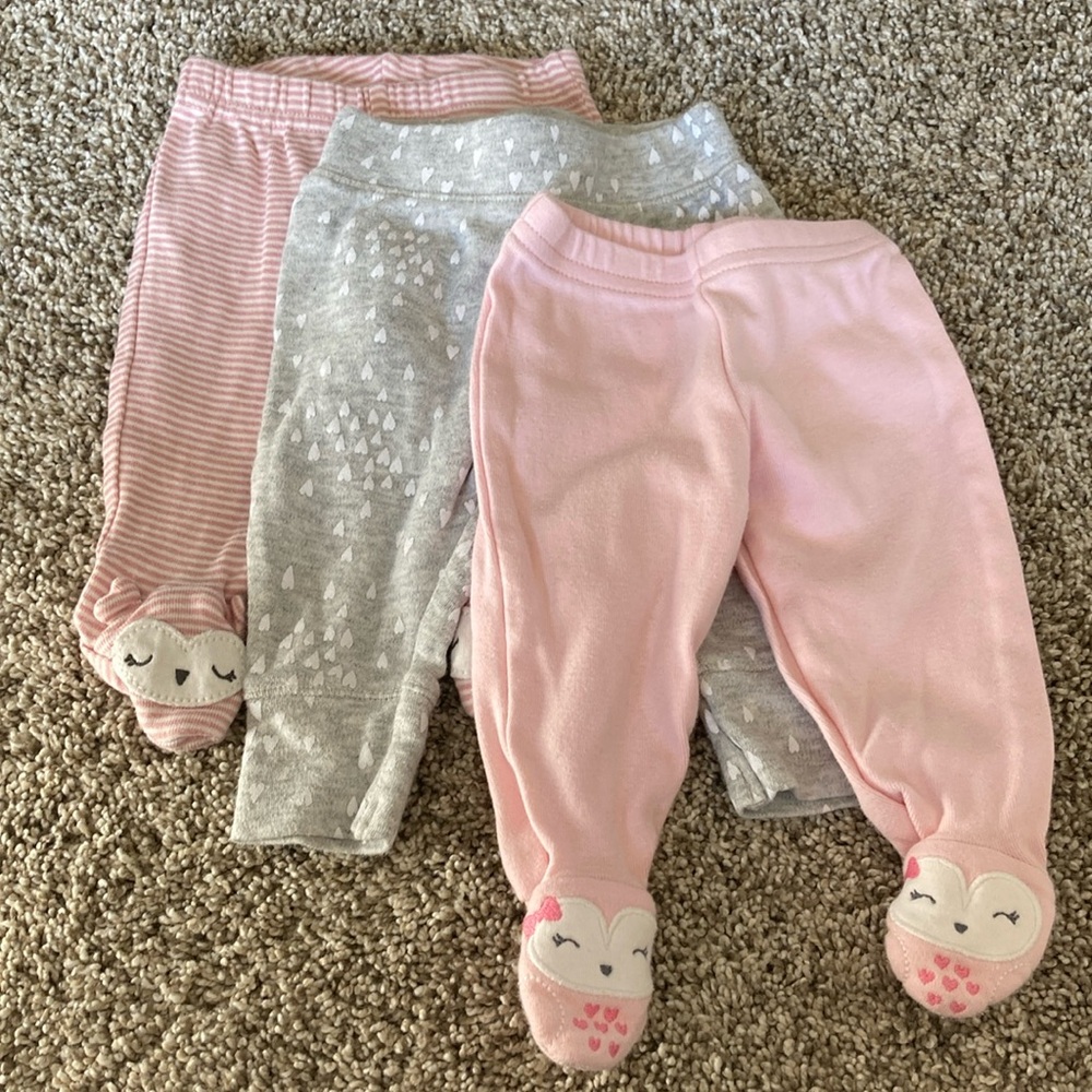 Set of 3 Newborn Girl Pants 100% Cotton- Carter’s and Cloud Island